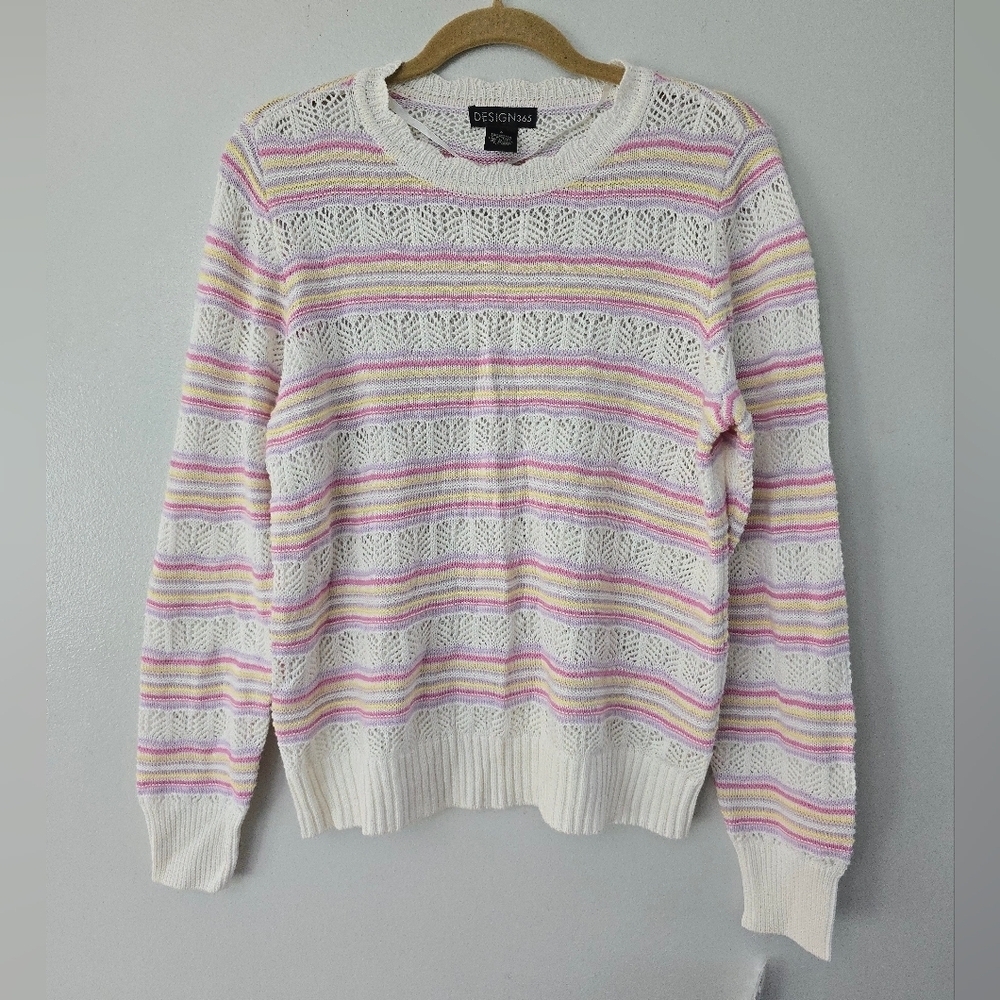 Design 365 Womens Knit Crocheted Crew Neck Sweater Size Small Pastel